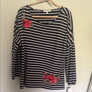 Striped Black and White Top with Floral Embroidery NWT 1X